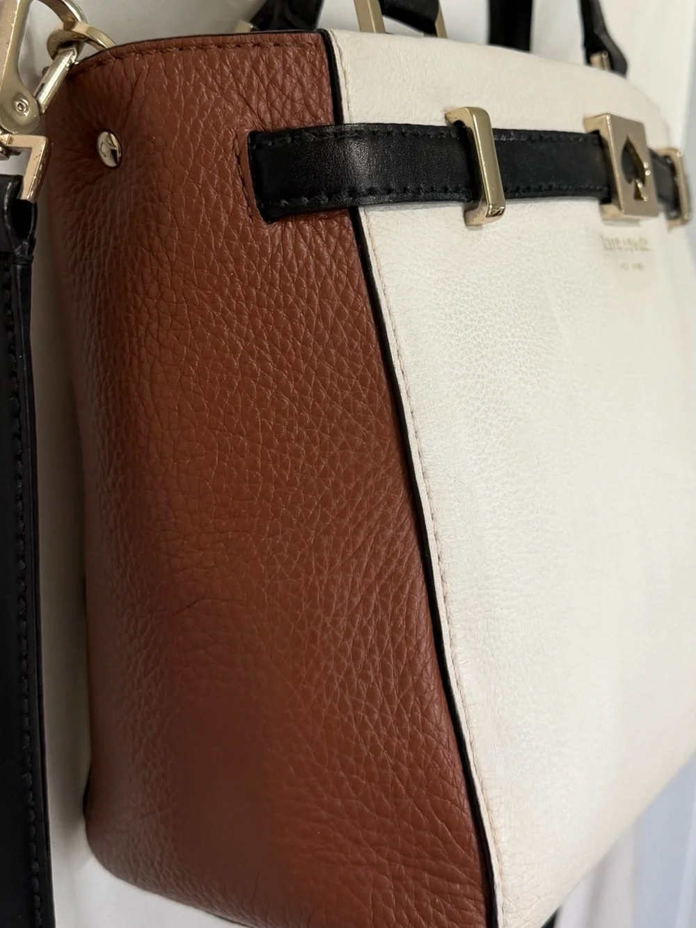 kate spade White, Black & Brown Leather Satchel with Spade Accent